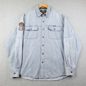 Harley Davidson Mens L Light Wash Denim Button Up Shirt Patched Hong Kong Biker